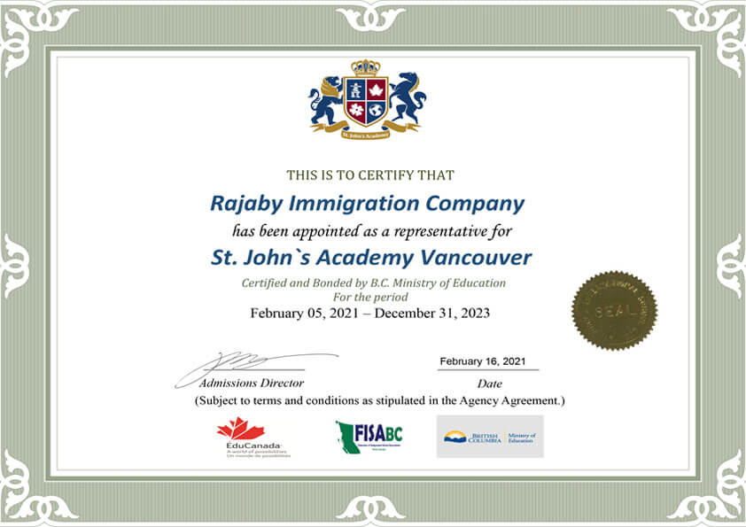 Rajaby Immigration Company's SJA Vancouver Agent Certificate (Feb 2021).pdf
